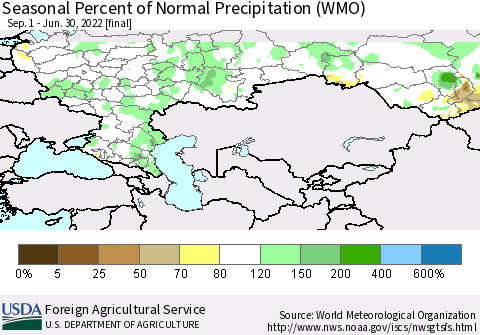 Russian Federation Seasonal Percent of Normal Precipitation (WMO) Thematic Map For 9/1/2021 - 6/30/2022