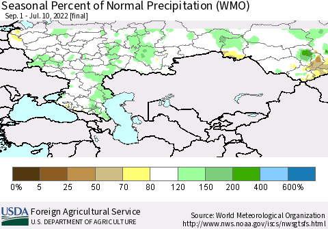 Russian Federation Seasonal Percent of Normal Precipitation (WMO) Thematic Map For 9/1/2021 - 7/10/2022