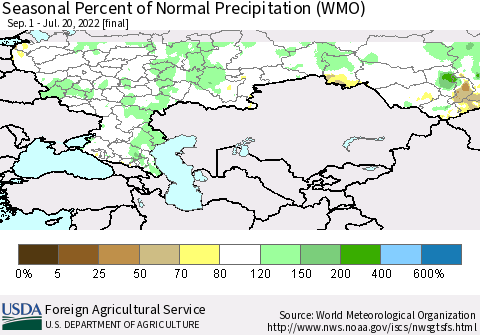 Russian Federation Seasonal Percent of Normal Precipitation (WMO) Thematic Map For 9/1/2021 - 7/20/2022