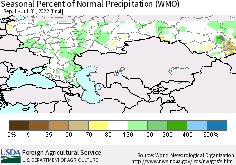Russian Federation Seasonal Percent of Normal Precipitation (WMO) Thematic Map For 9/1/2021 - 7/31/2022