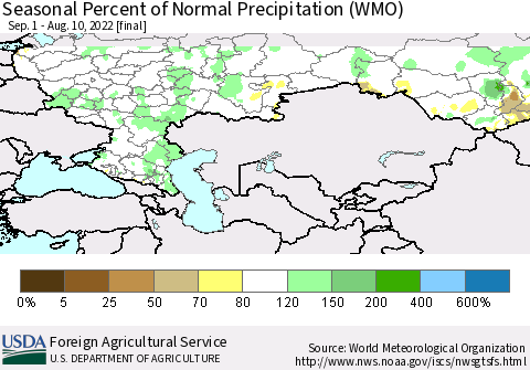 Russian Federation Seasonal Percent of Normal Precipitation (WMO) Thematic Map For 9/1/2021 - 8/10/2022