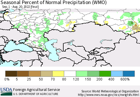 Russian Federation Seasonal Percent of Normal Precipitation (WMO) Thematic Map For 9/1/2021 - 8/20/2022