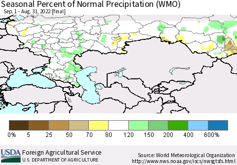 Russian Federation Seasonal Percent of Normal Precipitation (WMO) Thematic Map For 9/1/2021 - 8/31/2022