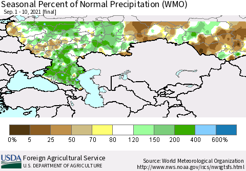 Russian Federation Seasonal Percent of Normal Precipitation (WMO) Thematic Map For 9/1/2021 - 9/10/2021