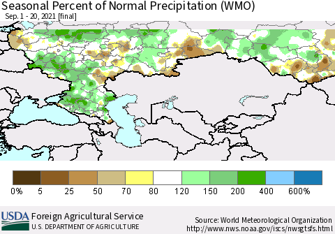 Russian Federation Seasonal Percent of Normal Precipitation (WMO) Thematic Map For 9/1/2021 - 9/20/2021