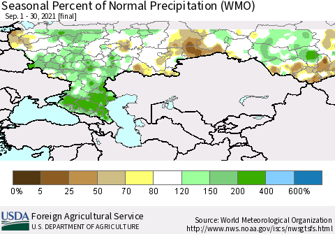 Russian Federation Seasonal Percent of Normal Precipitation (WMO) Thematic Map For 9/1/2021 - 9/30/2021