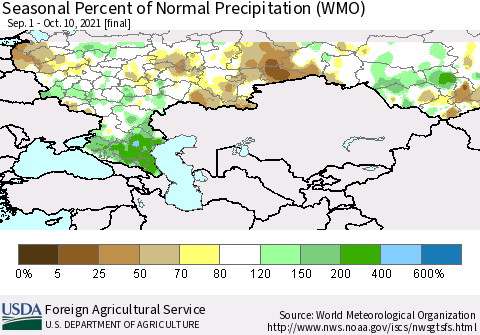 Russian Federation Seasonal Percent of Normal Precipitation (WMO) Thematic Map For 9/1/2021 - 10/10/2021