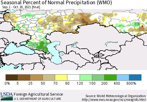 Russian Federation Seasonal Percent of Normal Precipitation (WMO) Thematic Map For 9/1/2021 - 10/20/2021