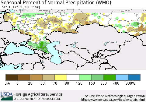Russian Federation Seasonal Percent of Normal Precipitation (WMO) Thematic Map For 9/1/2021 - 10/31/2021