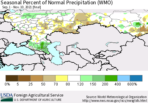 Russian Federation Seasonal Percent of Normal Precipitation (WMO) Thematic Map For 9/1/2021 - 11/10/2021