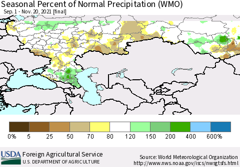 Russian Federation Seasonal Percent of Normal Precipitation (WMO) Thematic Map For 9/1/2021 - 11/20/2021