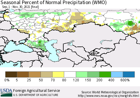 Russian Federation Seasonal Percent of Normal Precipitation (WMO) Thematic Map For 9/1/2021 - 11/30/2021