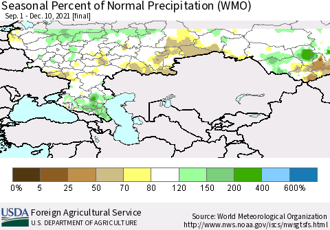 Russian Federation Seasonal Percent of Normal Precipitation (WMO) Thematic Map For 9/1/2021 - 12/10/2021