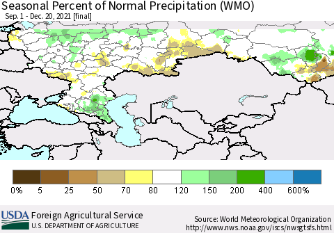 Russian Federation Seasonal Percent of Normal Precipitation (WMO) Thematic Map For 9/1/2021 - 12/20/2021