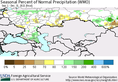 Russian Federation Seasonal Percent of Normal Precipitation (WMO) Thematic Map For 9/1/2021 - 12/31/2021