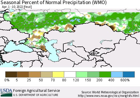Russian Federation Seasonal Percent of Normal Precipitation (WMO) Thematic Map For 4/1/2022 - 4/10/2022