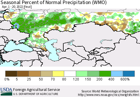 Russian Federation Seasonal Percent of Normal Precipitation (WMO) Thematic Map For 4/1/2022 - 4/20/2022