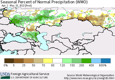 Russian Federation Seasonal Percent of Normal Precipitation (WMO) Thematic Map For 4/1/2022 - 5/10/2022