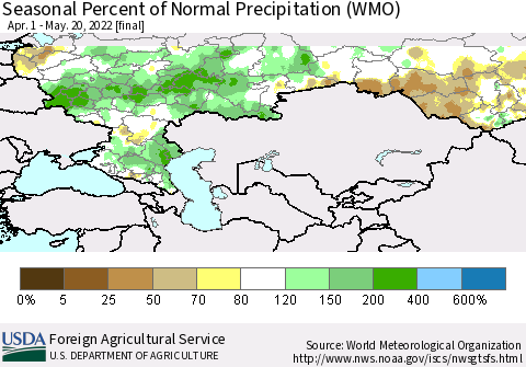 Russian Federation Seasonal Percent of Normal Precipitation (WMO) Thematic Map For 4/1/2022 - 5/20/2022