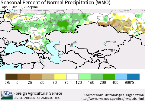 Russian Federation Seasonal Percent of Normal Precipitation (WMO) Thematic Map For 4/1/2022 - 6/10/2022
