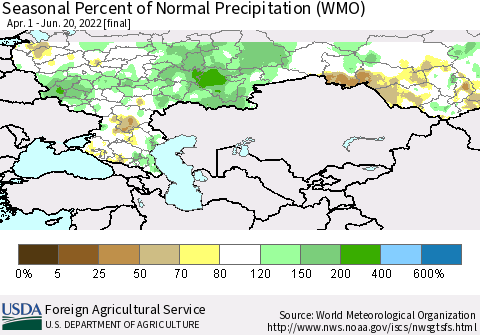 Russian Federation Seasonal Percent of Normal Precipitation (WMO) Thematic Map For 4/1/2022 - 6/20/2022