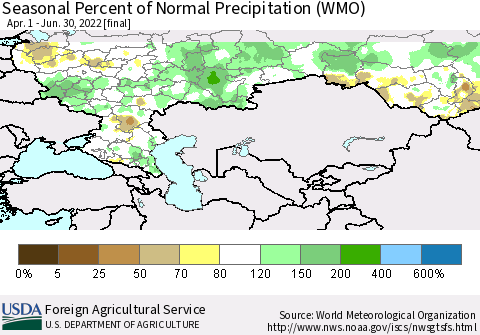 Russian Federation Seasonal Percent of Normal Precipitation (WMO) Thematic Map For 4/1/2022 - 6/30/2022
