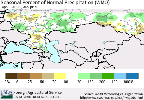 Russian Federation Seasonal Percent of Normal Precipitation (WMO) Thematic Map For 4/1/2022 - 7/10/2022