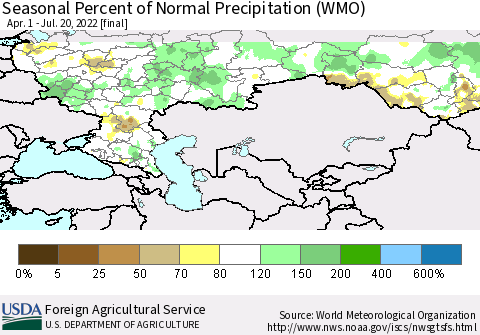 Russian Federation Seasonal Percent of Normal Precipitation (WMO) Thematic Map For 4/1/2022 - 7/20/2022