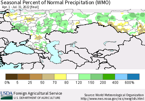 Russian Federation Seasonal Percent of Normal Precipitation (WMO) Thematic Map For 4/1/2022 - 7/31/2022