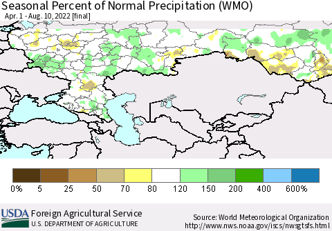 Russian Federation Seasonal Percent of Normal Precipitation (WMO) Thematic Map For 4/1/2022 - 8/10/2022