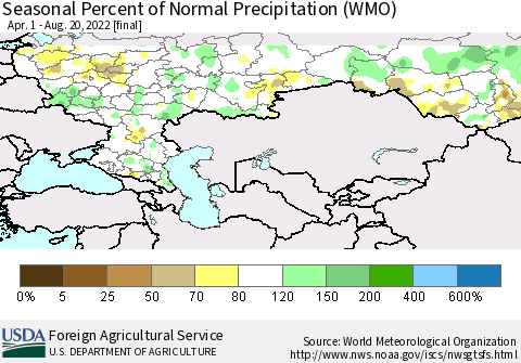 Russian Federation Seasonal Percent of Normal Precipitation (WMO) Thematic Map For 4/1/2022 - 8/20/2022