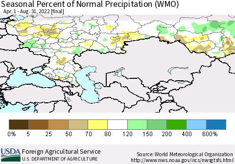 Russian Federation Seasonal Percent of Normal Precipitation (WMO) Thematic Map For 4/1/2022 - 8/31/2022