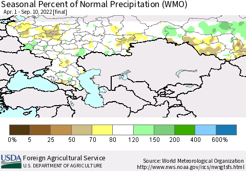 Russian Federation Seasonal Percent of Normal Precipitation (WMO) Thematic Map For 4/1/2022 - 9/10/2022