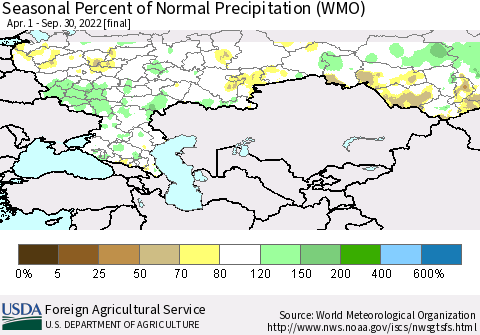 Russian Federation Seasonal Percent of Normal Precipitation (WMO) Thematic Map For 4/1/2022 - 9/30/2022