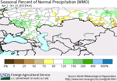 Russian Federation Seasonal Percent of Normal Precipitation (WMO) Thematic Map For 4/1/2022 - 10/10/2022