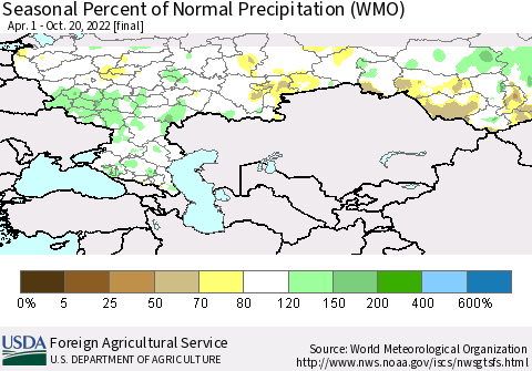 Russian Federation Seasonal Percent of Normal Precipitation (WMO) Thematic Map For 4/1/2022 - 10/20/2022