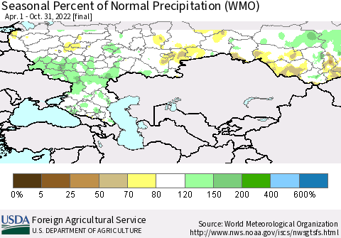 Russian Federation Seasonal Percent of Normal Precipitation (WMO) Thematic Map For 4/1/2022 - 10/31/2022