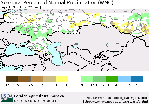 Russian Federation Seasonal Percent of Normal Precipitation (WMO) Thematic Map For 4/1/2022 - 11/10/2022