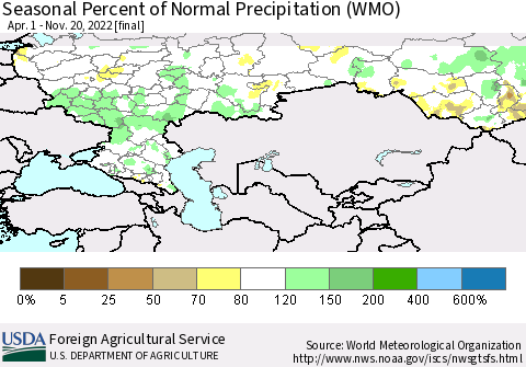 Russian Federation Seasonal Percent of Normal Precipitation (WMO) Thematic Map For 4/1/2022 - 11/20/2022