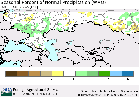 Russian Federation Seasonal Percent of Normal Precipitation (WMO) Thematic Map For 4/1/2022 - 12/10/2022