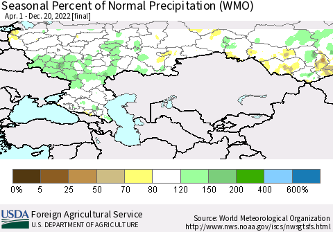 Russian Federation Seasonal Percent of Normal Precipitation (WMO) Thematic Map For 4/1/2022 - 12/20/2022