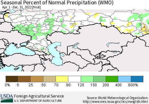 Russian Federation Seasonal Percent of Normal Precipitation (WMO) Thematic Map For 4/1/2022 - 12/31/2022