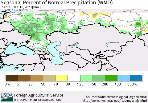 Russian Federation Seasonal Percent of Normal Precipitation (WMO) Thematic Map For 9/1/2022 - 1/10/2023