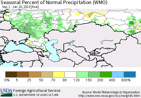 Russian Federation Seasonal Percent of Normal Precipitation (WMO) Thematic Map For 9/1/2022 - 1/20/2023