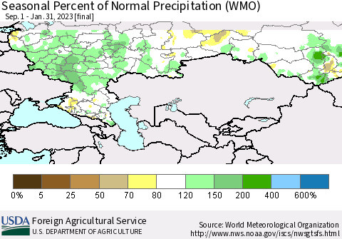 Russian Federation Seasonal Percent of Normal Precipitation (WMO) Thematic Map For 9/1/2022 - 1/31/2023