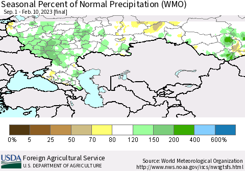 Russian Federation Seasonal Percent of Normal Precipitation (WMO) Thematic Map For 9/1/2022 - 2/10/2023