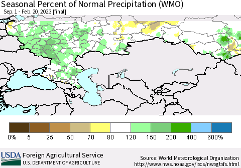 Russian Federation Seasonal Percent of Normal Precipitation (WMO) Thematic Map For 9/1/2022 - 2/20/2023
