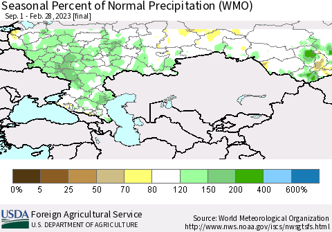 Russian Federation Seasonal Percent of Normal Precipitation (WMO) Thematic Map For 9/1/2022 - 2/28/2023