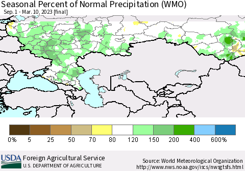 Russian Federation Seasonal Percent of Normal Precipitation (WMO) Thematic Map For 9/1/2022 - 3/10/2023