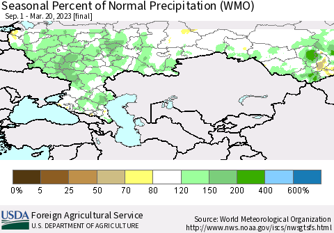 Russian Federation Seasonal Percent of Normal Precipitation (WMO) Thematic Map For 9/1/2022 - 3/20/2023